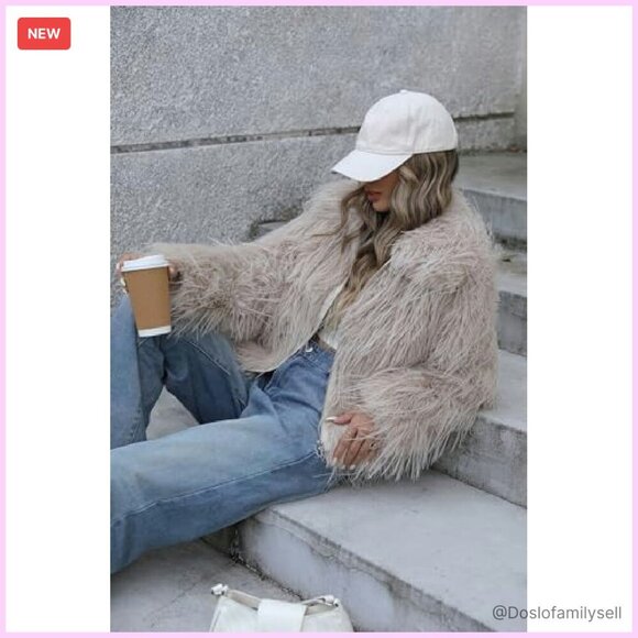 Shaggy Faux Fur Jacket Cropped Style Plush Outerwear Winter Fall Fashion - Picture 7 of 7